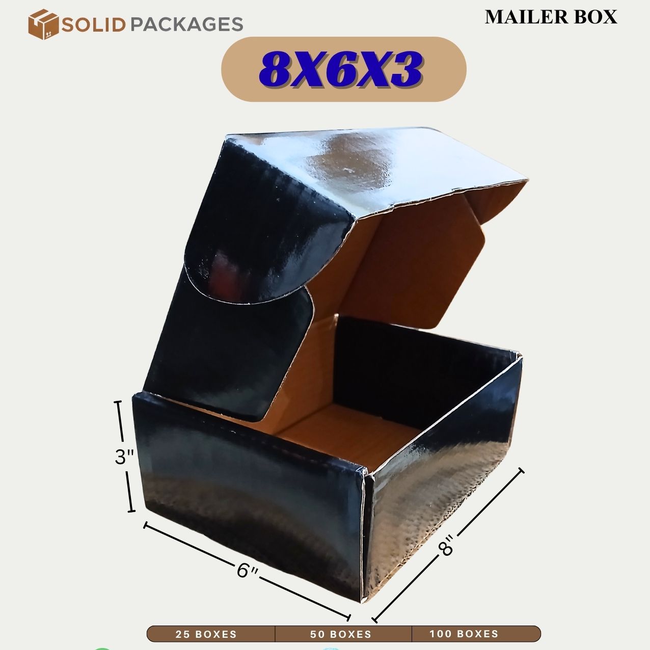 Jet Black Glossy mailer Box, 8x6x3 inch | carton boxes for dispatch orders, Jewelry box | Perfume Boxes | Ecommerce Packaging material | Solid Packages